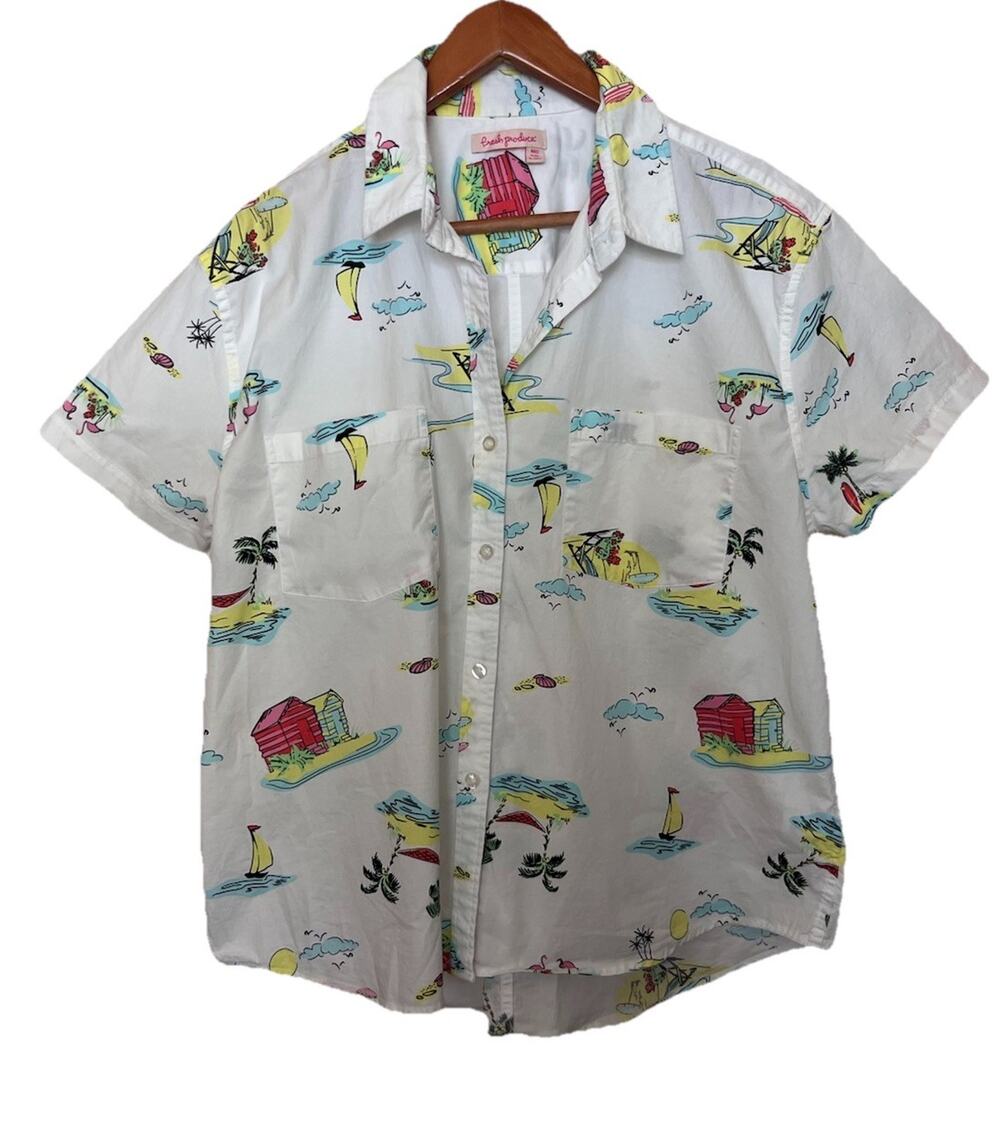 Fresh Produce Button-up Shirt Beachy Keen Cotton White Beach Coastal Tropical M